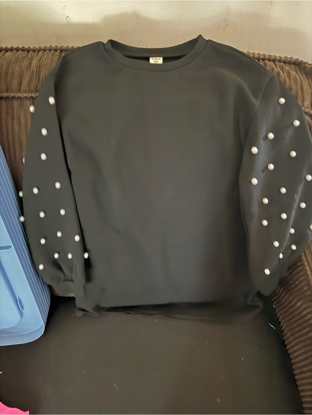 SHEIN Black Pearl-Embellished Puff Sleeve Sweater for Kids